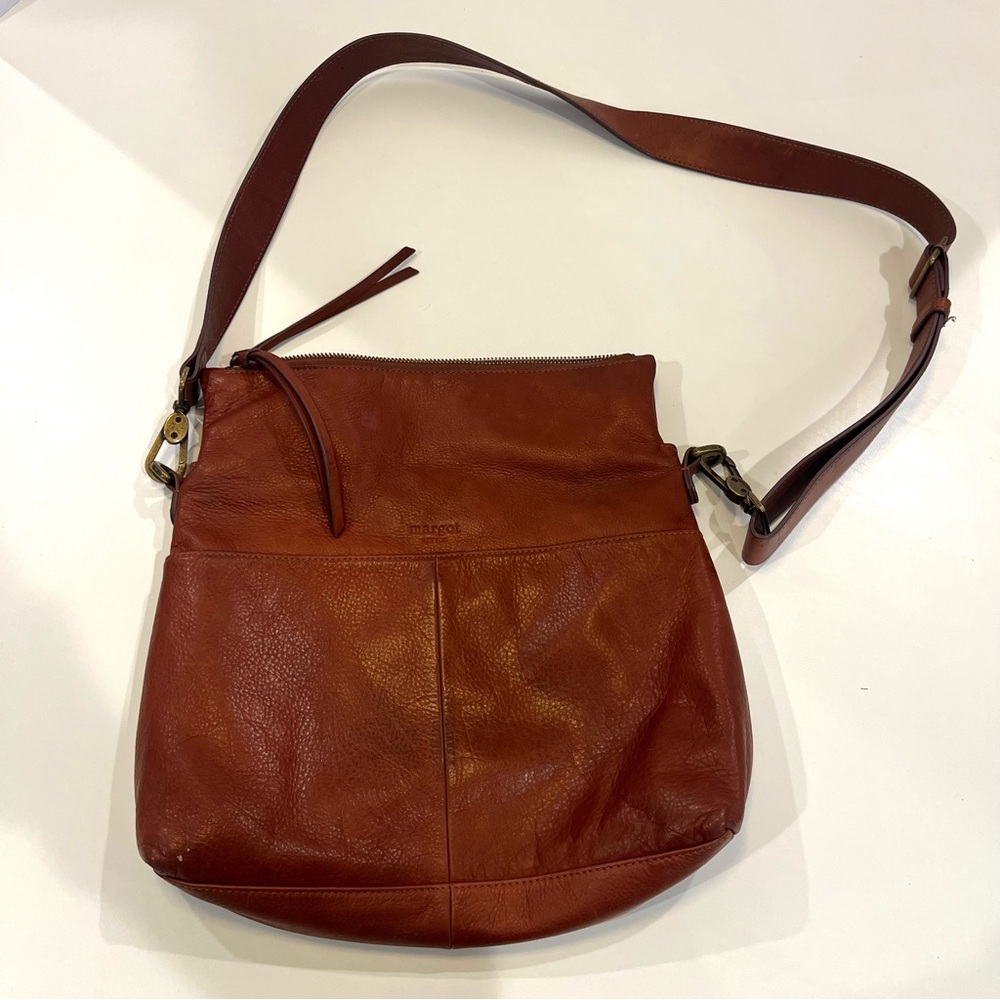 MARGOT NEW YORK Mickey Double Zip Crossbody Bag in Cognac Chestnut Brown
